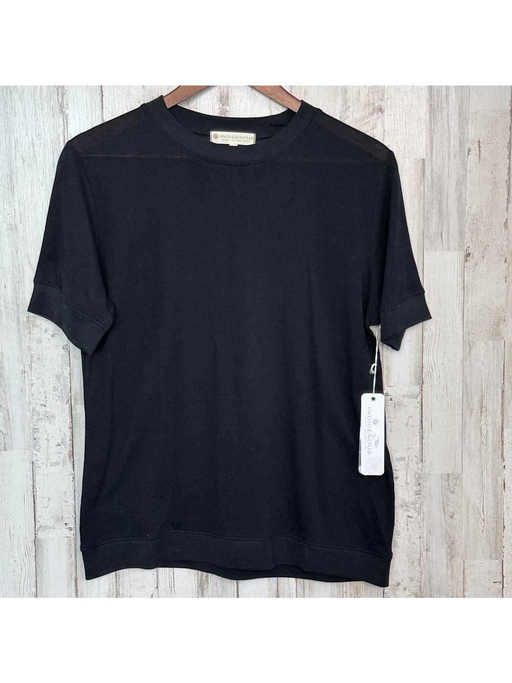 NWT Indigenous 100 Organic Cotton Crepe Ringer Tee Shirt Large Black Fair Trade